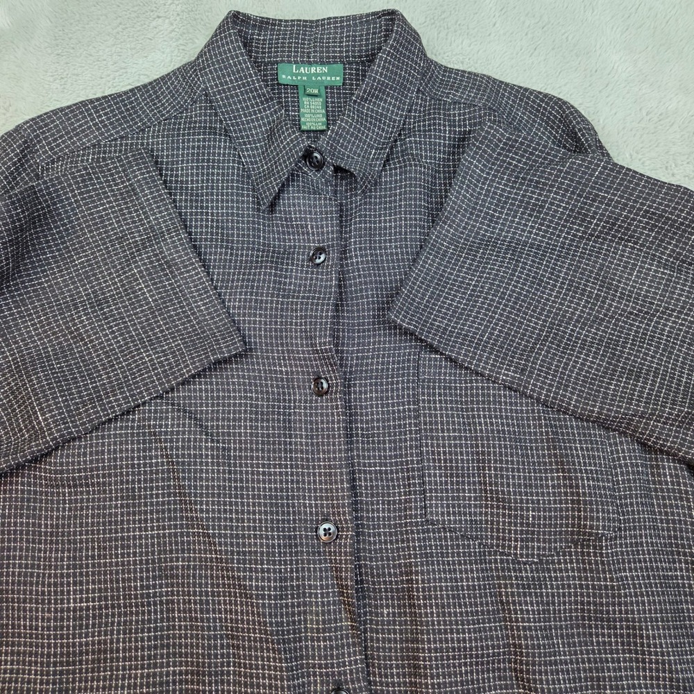 Lauren Ralph Lauren Linen Button Up Top Women 20W Short Slv Micro Check Charcoal